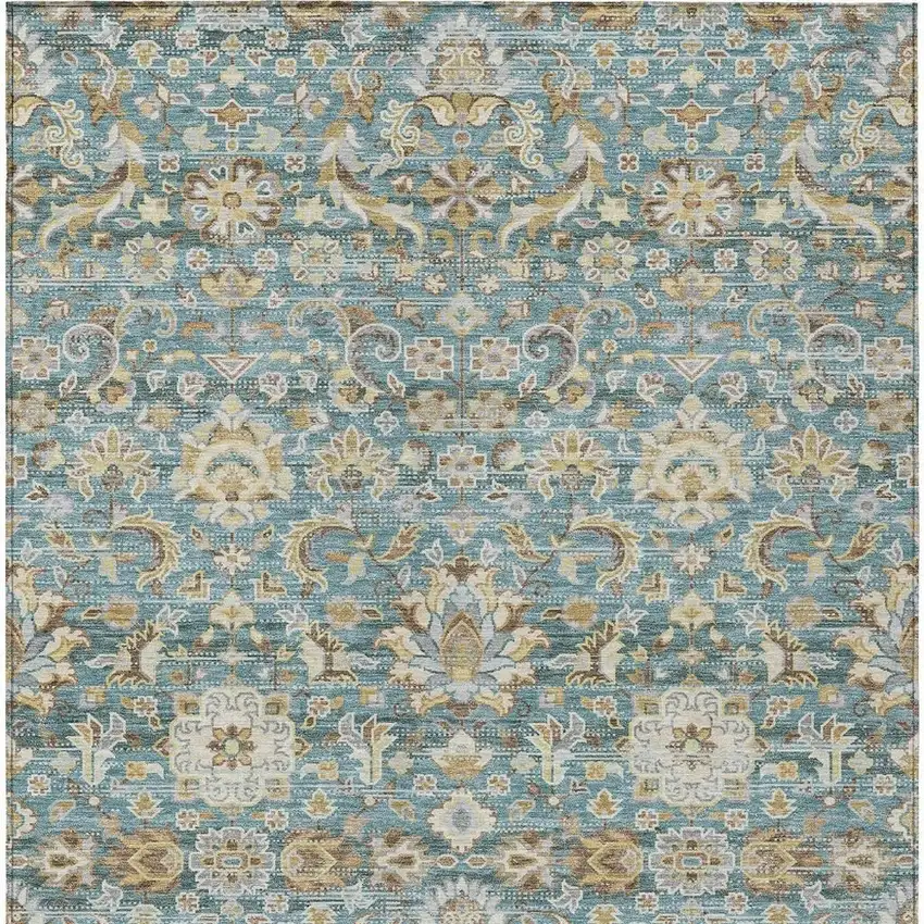 Teal Blue And Brown Floral Medallion Washable Indoor Outdoor Area Rug Photo 4