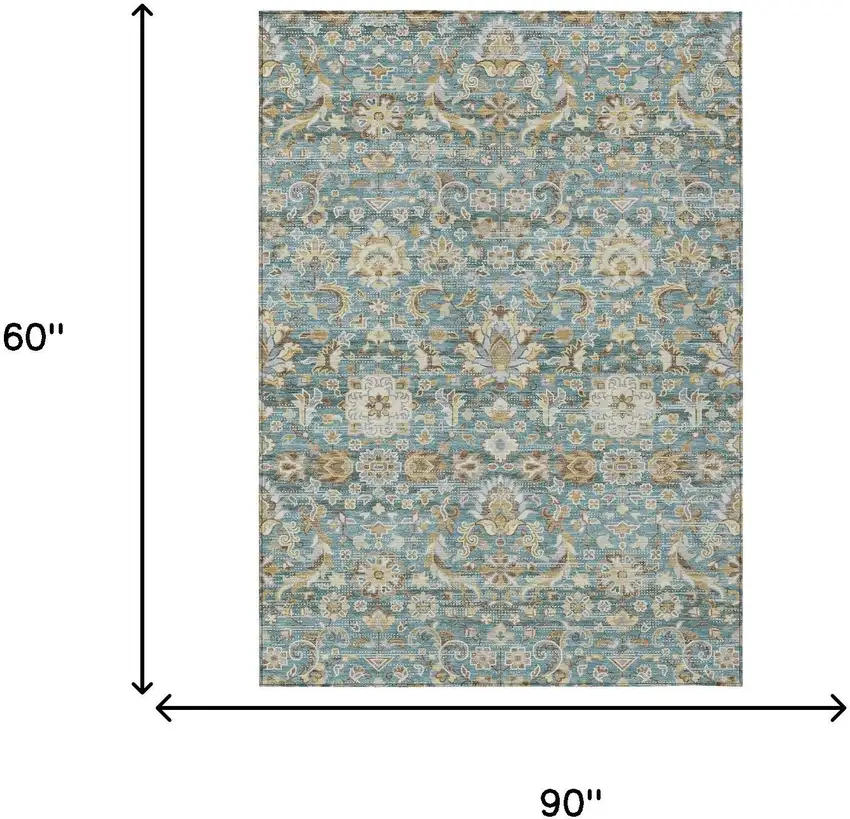 Teal Blue And Brown Floral Medallion Washable Indoor Outdoor Area Rug Photo 7