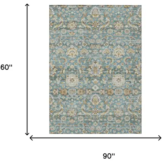 Teal Blue And Brown Floral Medallion Washable Indoor Outdoor Area Rug Photo 7