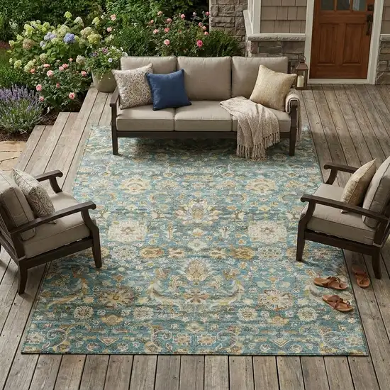Teal Blue And Brown Floral Medallion Washable Indoor Outdoor Area Rug Photo 1
