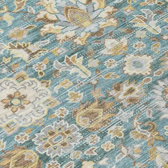 Teal Blue And Brown Floral Medallion Washable Indoor Outdoor Area Rug Photo 6