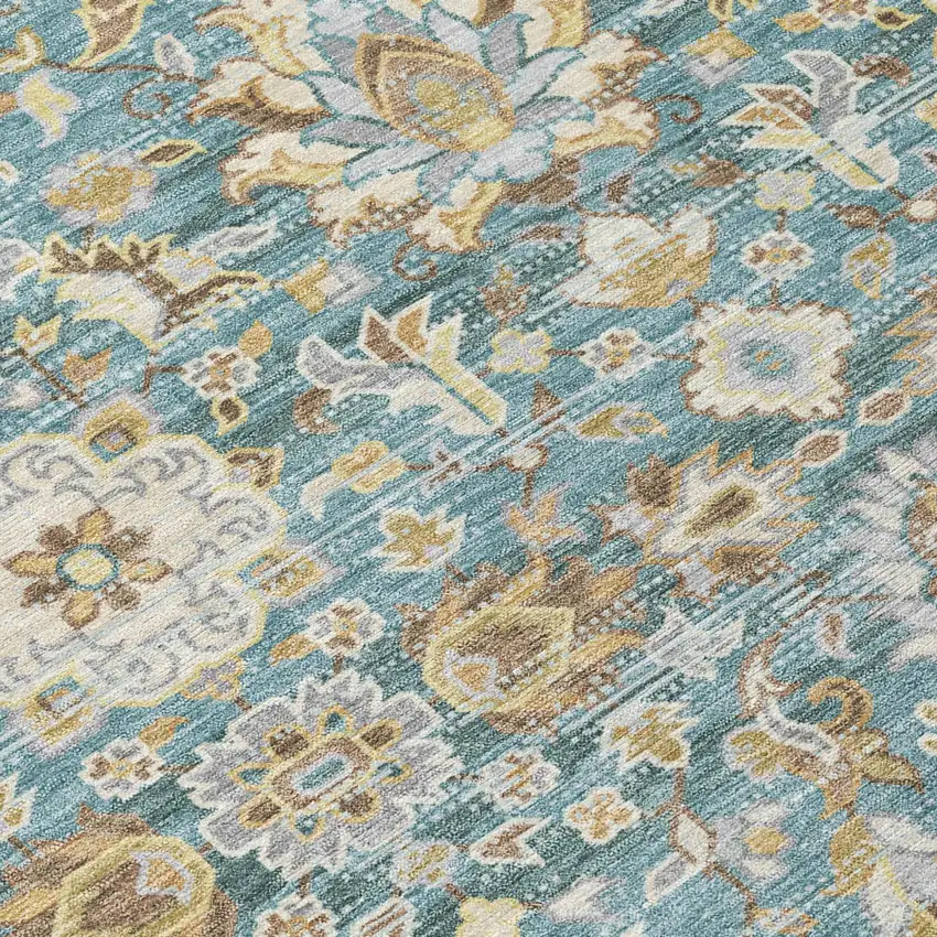 Teal Blue And Brown Floral Medallion Washable Indoor Outdoor Area Rug Photo 6