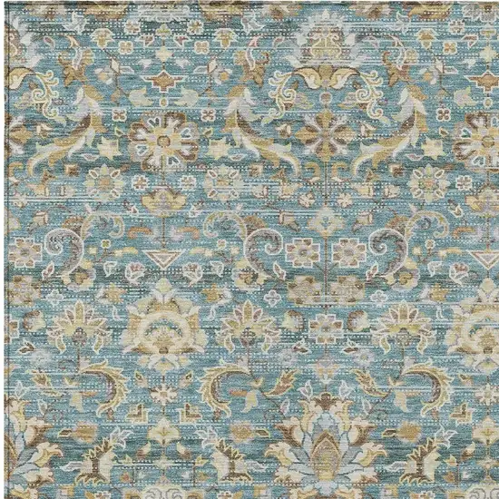 Teal Blue And Brown Floral Medallion Washable Indoor Outdoor Area Rug Photo 3