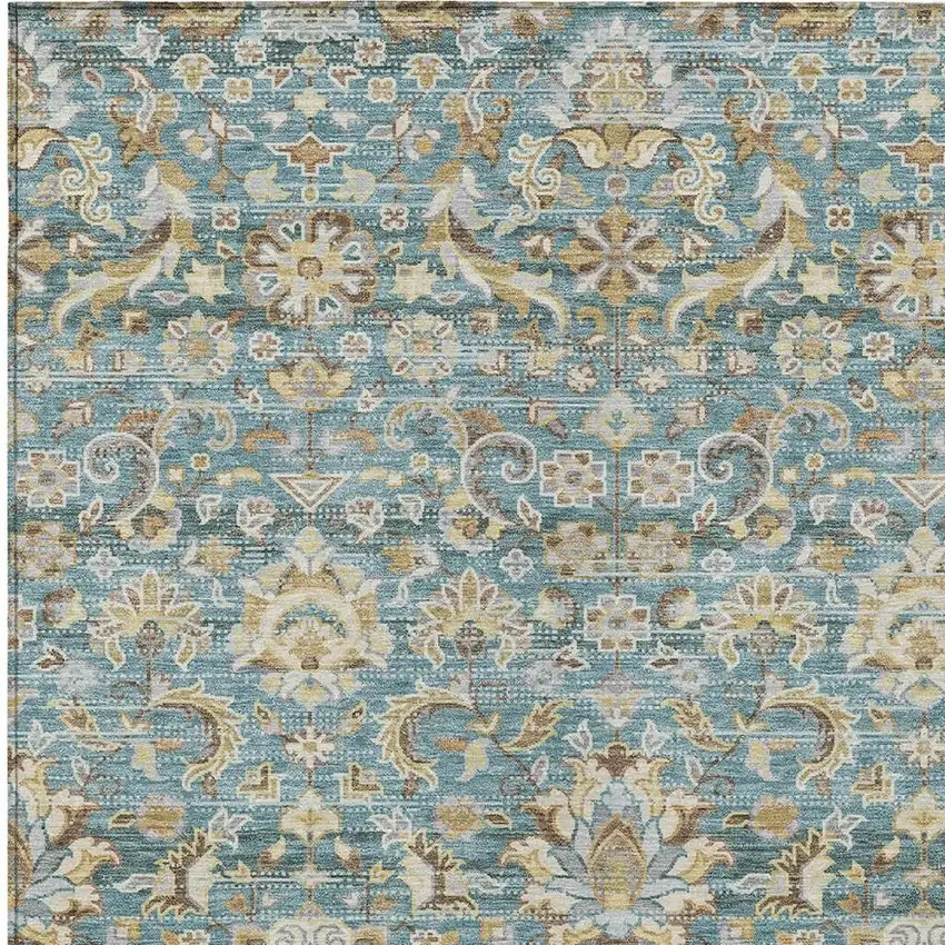 Teal Blue And Brown Floral Medallion Washable Indoor Outdoor Area Rug Photo 3