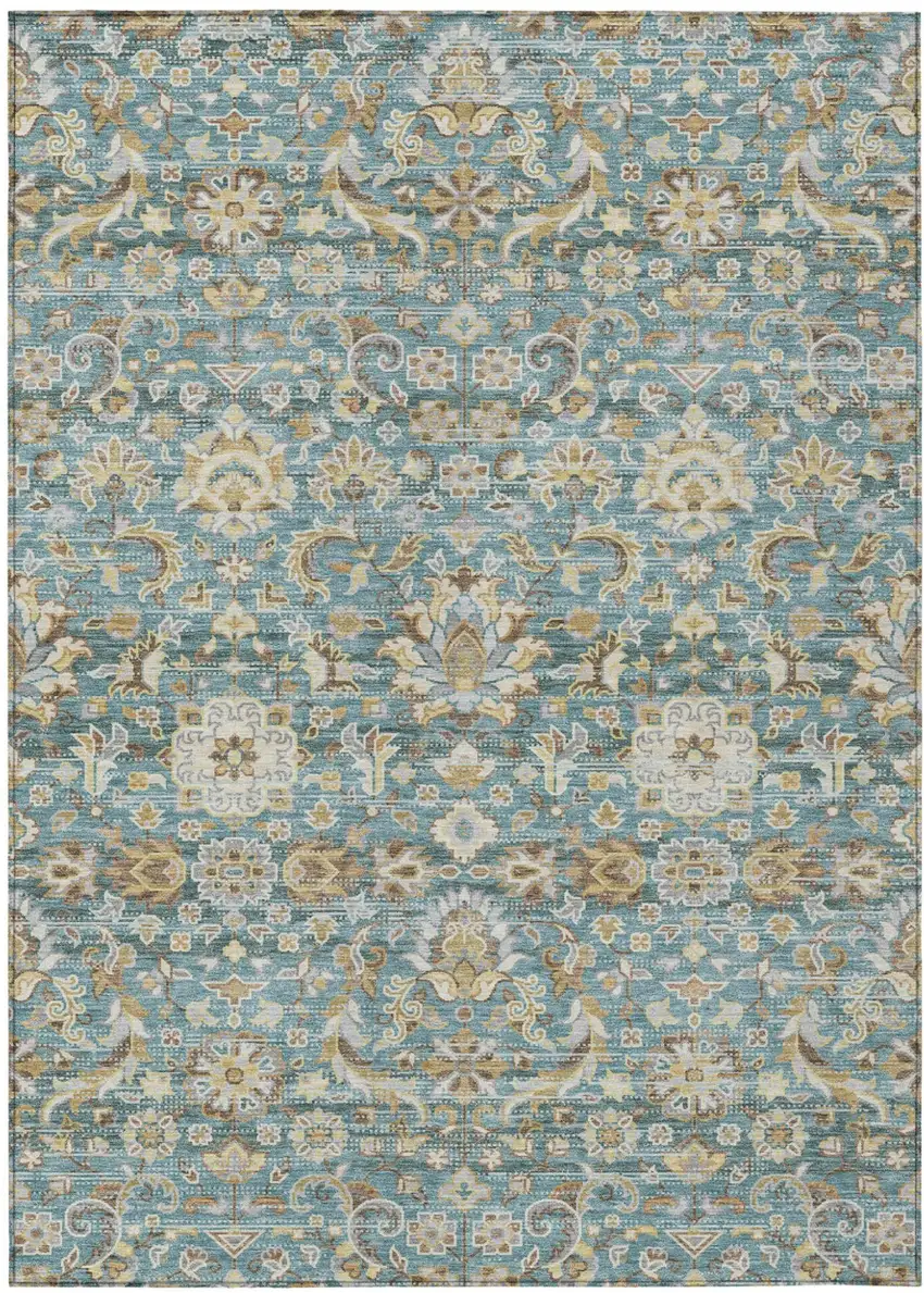 Teal Blue And Brown Floral Medallion Washable Indoor Outdoor Area Rug Photo 2