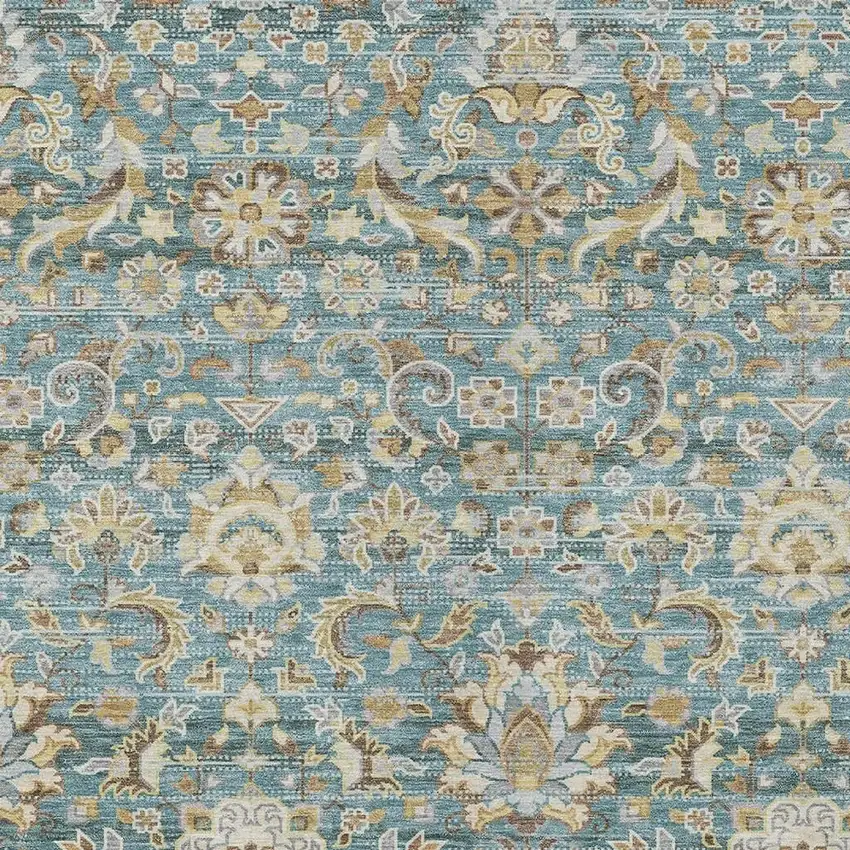 Teal Blue And Brown Floral Medallion Washable Indoor Outdoor Area Rug Photo 3