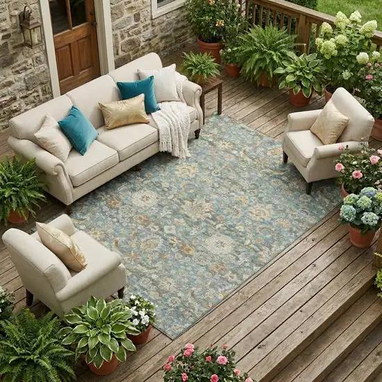 Teal Blue And Brown Floral Medallion Washable Indoor Outdoor Area Rug Photo 1