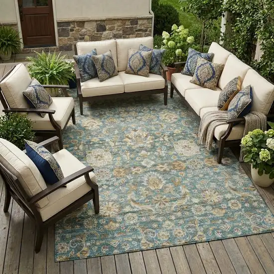 Teal Blue And Brown Floral Medallion Washable Indoor Outdoor Area Rug Photo 1