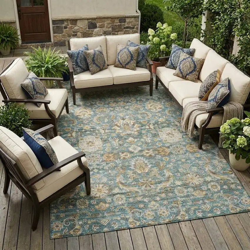 Teal Blue And Brown Floral Medallion Washable Indoor Outdoor Area Rug Photo 1