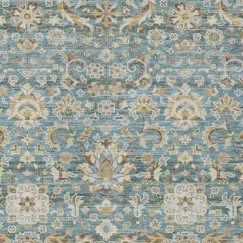 Teal Blue And Brown Floral Medallion Washable Indoor Outdoor Area Rug Photo 3