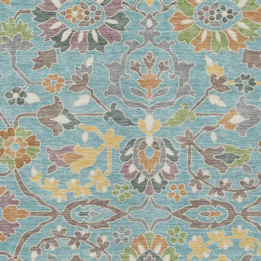 Teal Blue And Brown Floral Washable Indoor Outdoor Area Rug Photo 2