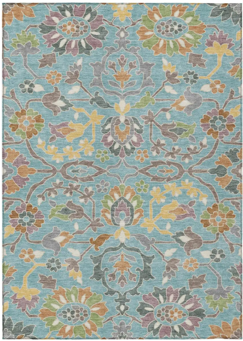 Teal Blue And Brown Floral Washable Indoor Outdoor Area Rug Photo 1