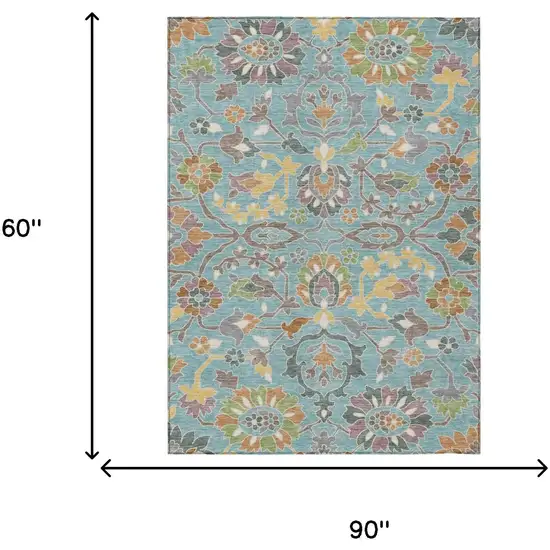 Teal Blue And Brown Floral Washable Indoor Outdoor Area Rug Photo 6