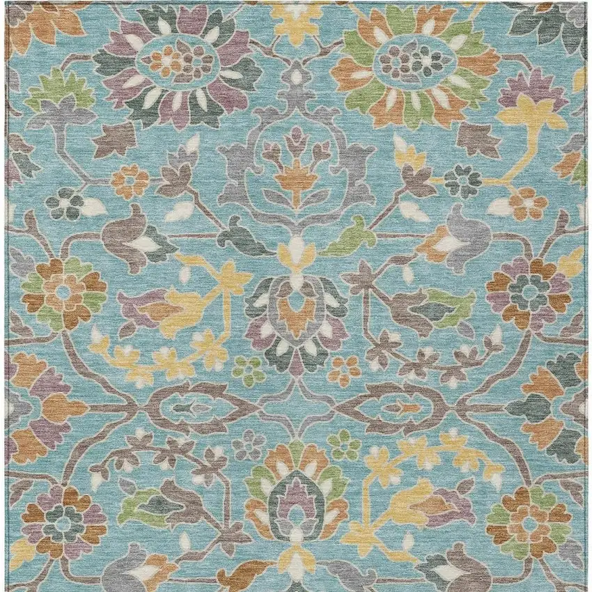 Teal Blue And Brown Floral Washable Indoor Outdoor Area Rug Photo 3