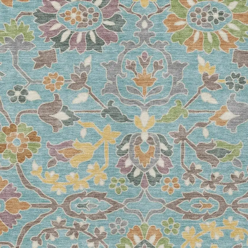 Teal Blue And Brown Floral Washable Indoor Outdoor Area Rug Photo 2