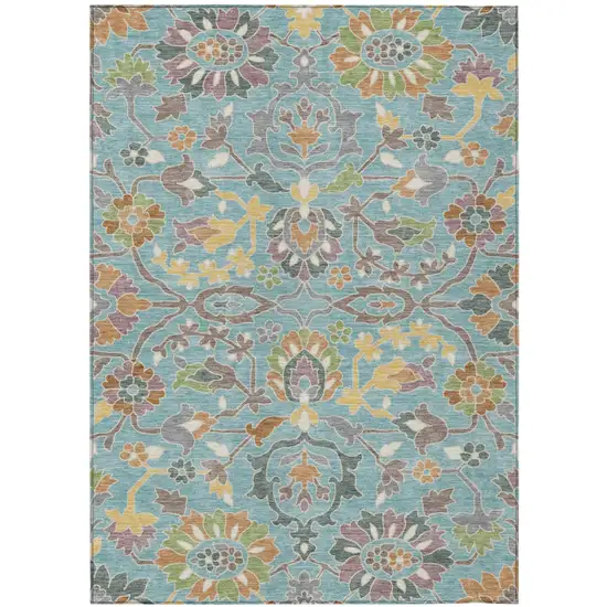 Teal Blue And Brown Floral Washable Indoor Outdoor Area Rug Photo 1