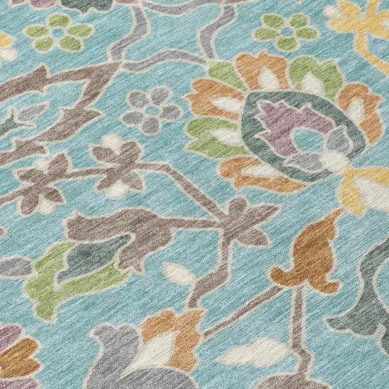 Teal Blue And Brown Floral Washable Indoor Outdoor Area Rug Photo 5