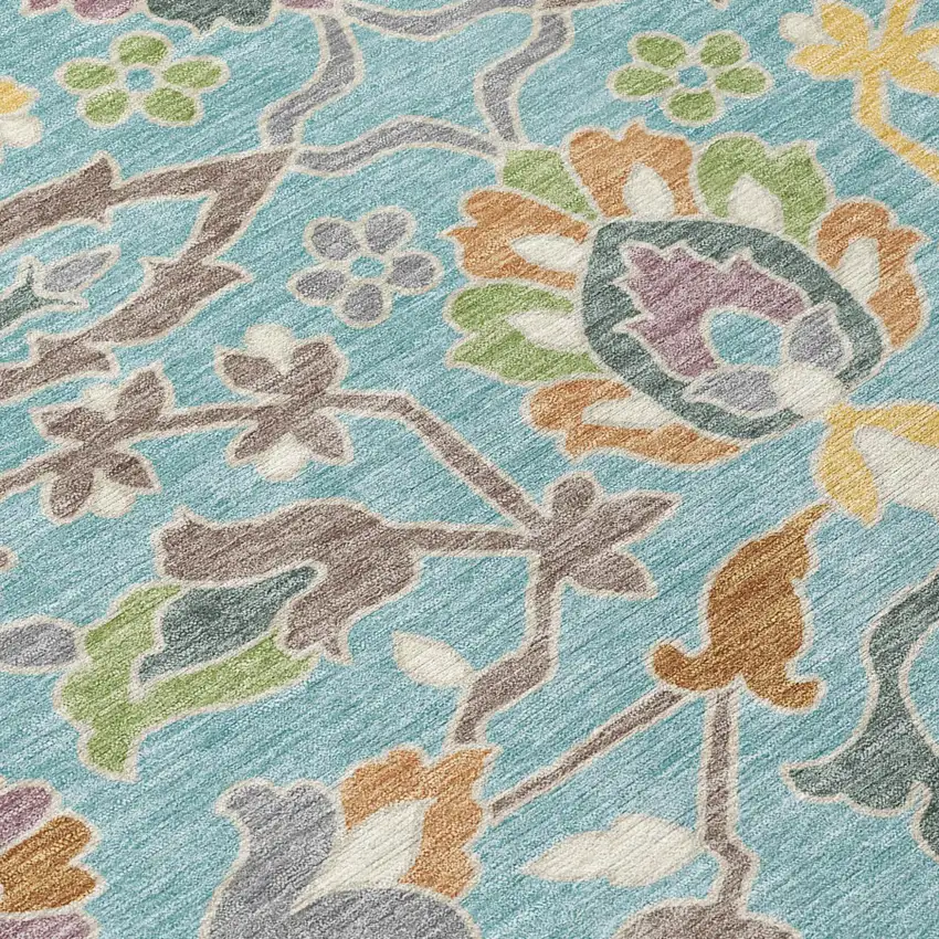 Teal Blue And Brown Floral Washable Indoor Outdoor Area Rug Photo 5