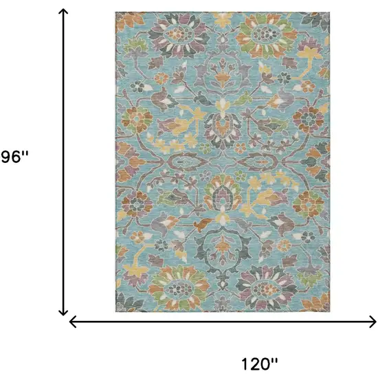 Teal Blue And Brown Floral Washable Indoor Outdoor Area Rug Photo 6