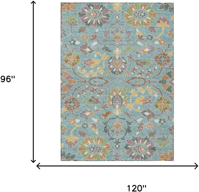 Teal Blue And Brown Floral Washable Indoor Outdoor Area Rug Photo 6