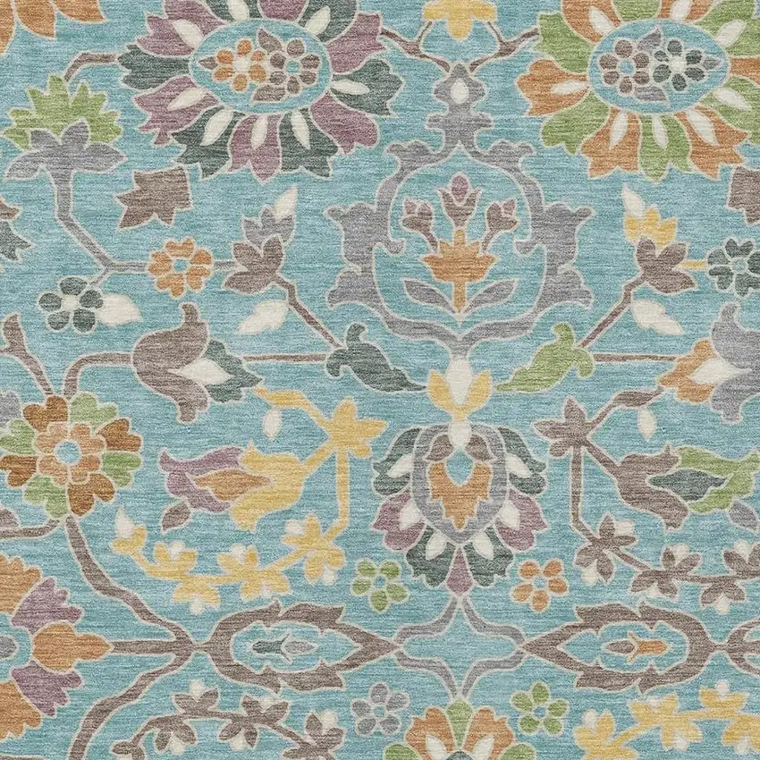 Teal Blue And Brown Floral Washable Indoor Outdoor Area Rug Photo 2
