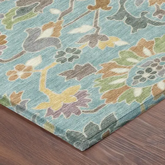 Teal Blue And Brown Floral Washable Indoor Outdoor Area Rug Photo 4