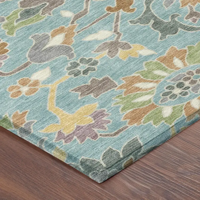 Teal Blue And Brown Floral Washable Indoor Outdoor Area Rug Photo 4