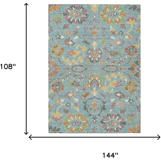 Teal Blue And Brown Floral Washable Indoor Outdoor Area Rug Photo 6
