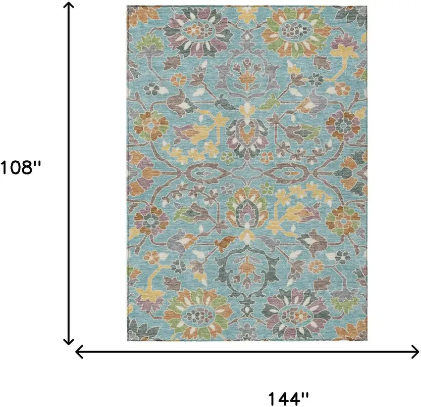 Teal Blue And Brown Floral Washable Indoor Outdoor Area Rug Photo 6