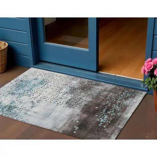 Teal Blue And Brown Geometric Washable Indoor Outdoor Area Rug Photo 2