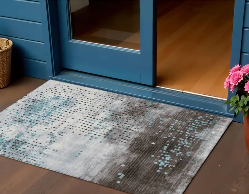 Teal Blue And Brown Geometric Washable Indoor Outdoor Area Rug Photo 2