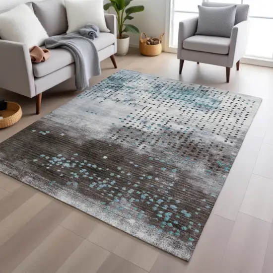 Teal Blue And Brown Geometric Washable Indoor Outdoor Area Rug Photo 4