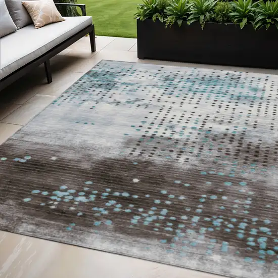 Teal Blue And Brown Geometric Washable Indoor Outdoor Area Rug Photo 2