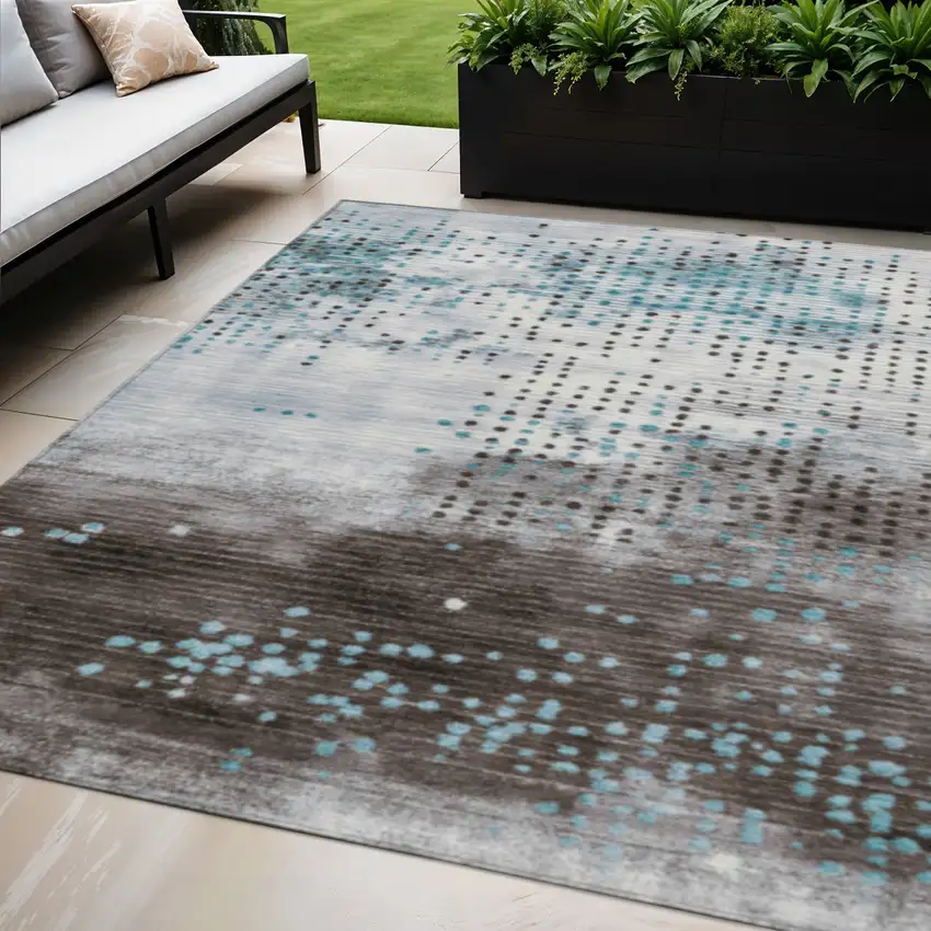 Teal Blue And Brown Geometric Washable Indoor Outdoor Area Rug Photo 2