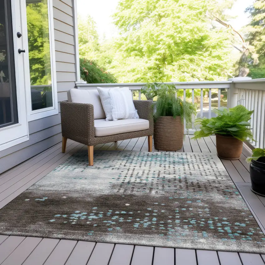 Teal Blue And Brown Geometric Washable Indoor Outdoor Area Rug Photo 6