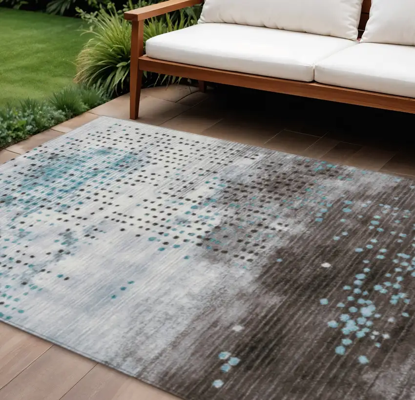 Teal Blue And Brown Geometric Washable Indoor Outdoor Area Rug Photo 2