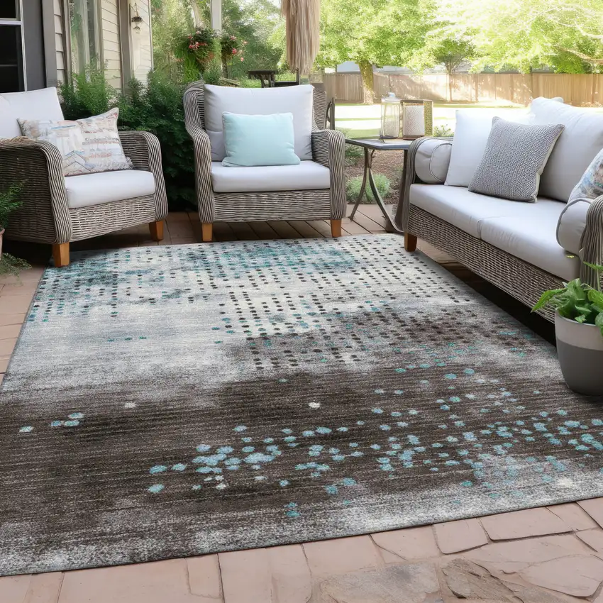 Teal Blue And Brown Geometric Washable Indoor Outdoor Area Rug Photo 4