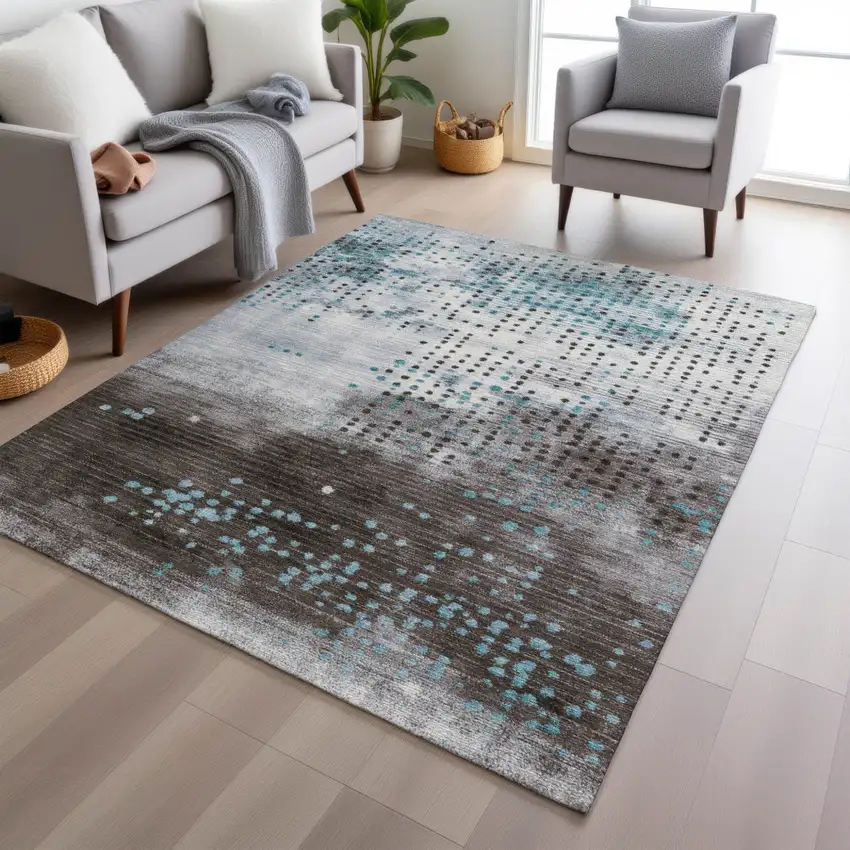 Teal Blue And Brown Geometric Washable Indoor Outdoor Area Rug Photo 5