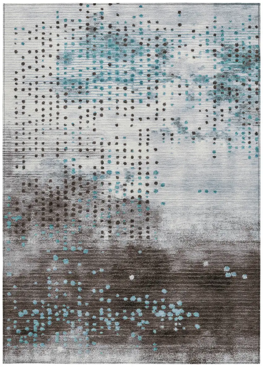 Teal Blue And Brown Geometric Washable Indoor Outdoor Area Rug Photo 1