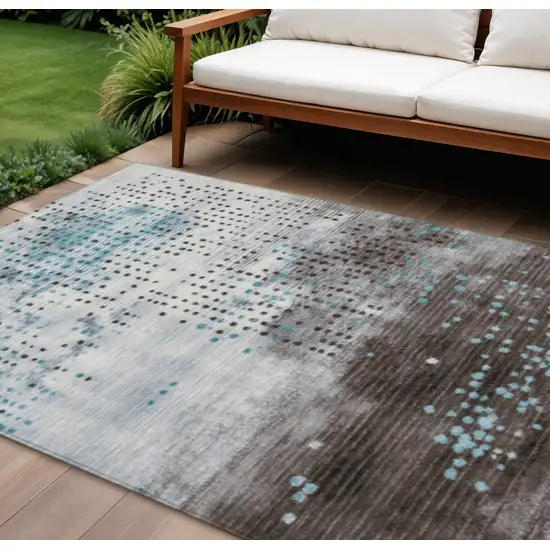 Teal Blue And Brown Geometric Washable Indoor Outdoor Area Rug Photo 2