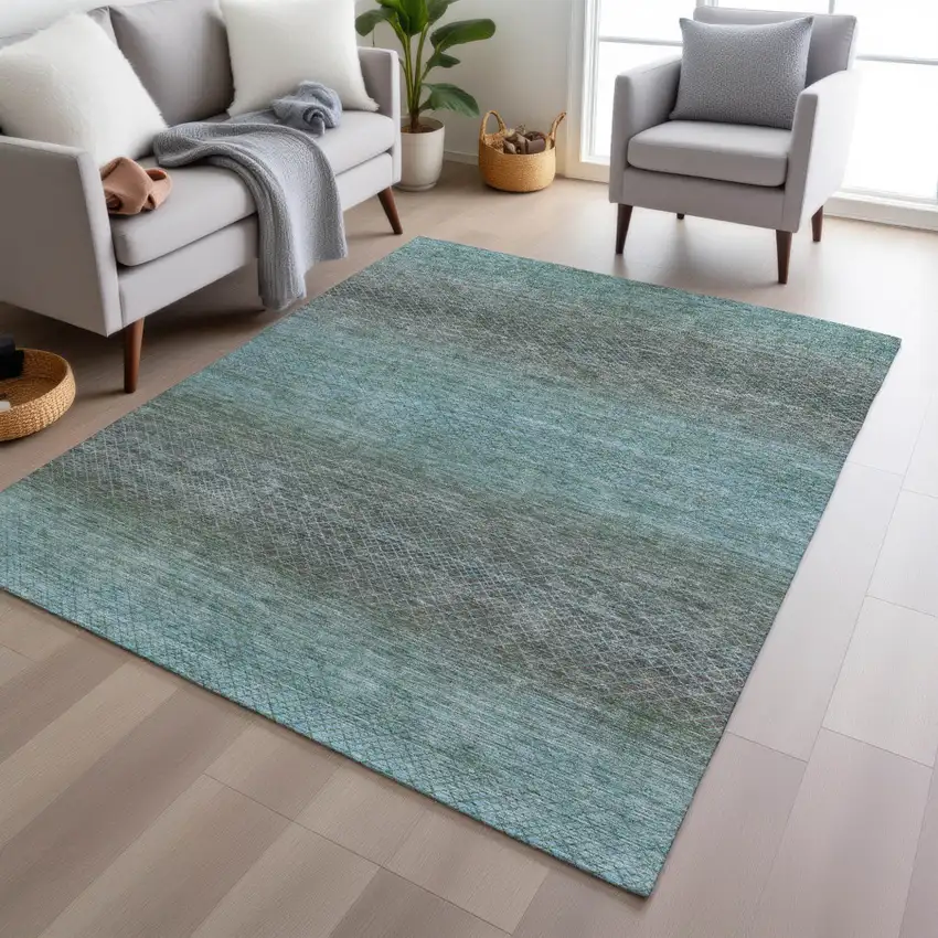 Teal Blue And Brown Geometric Washable Indoor Outdoor Area Rug Photo 4