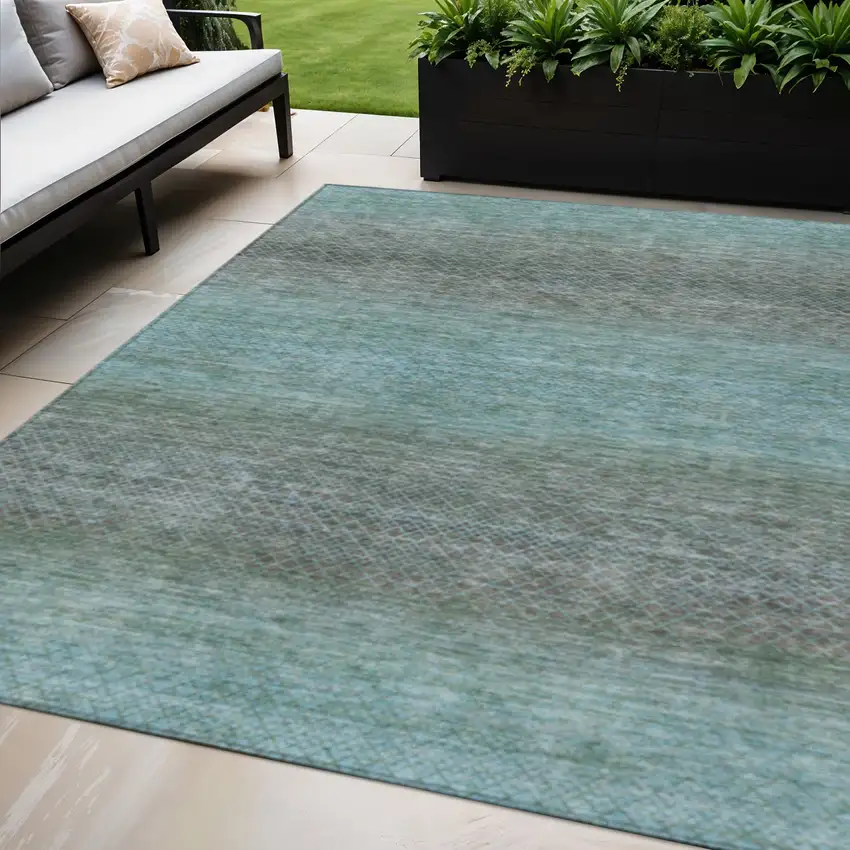 Teal Blue And Brown Geometric Washable Indoor Outdoor Area Rug Photo 2