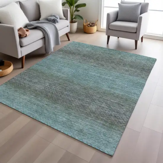 Teal Blue And Brown Geometric Washable Indoor Outdoor Area Rug Photo 5