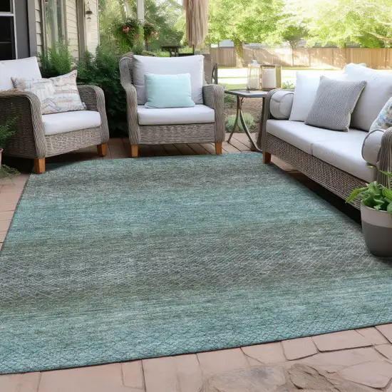 Teal Blue And Brown Geometric Washable Indoor Outdoor Area Rug Photo 3