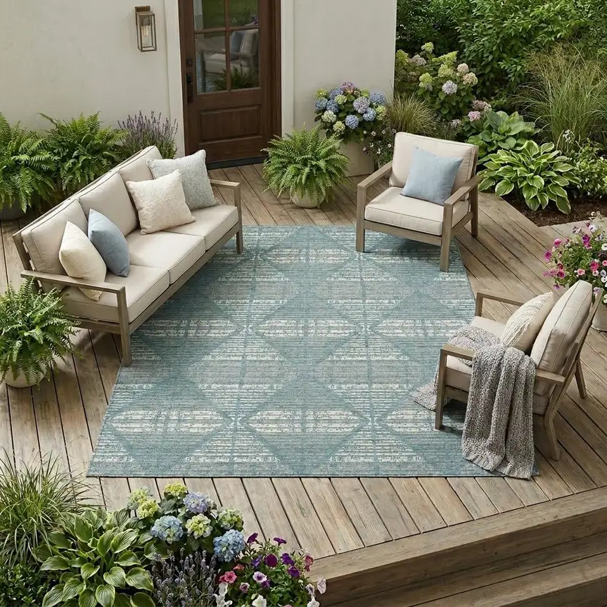 Teal Blue And Brown Geometric Washable Indoor Outdoor Area Rug Photo 1