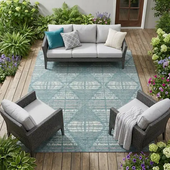 Teal Blue And Brown Geometric Washable Indoor Outdoor Area Rug Photo 1
