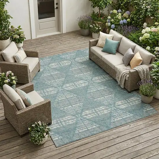 Teal Blue And Brown Geometric Washable Indoor Outdoor Area Rug Photo 1