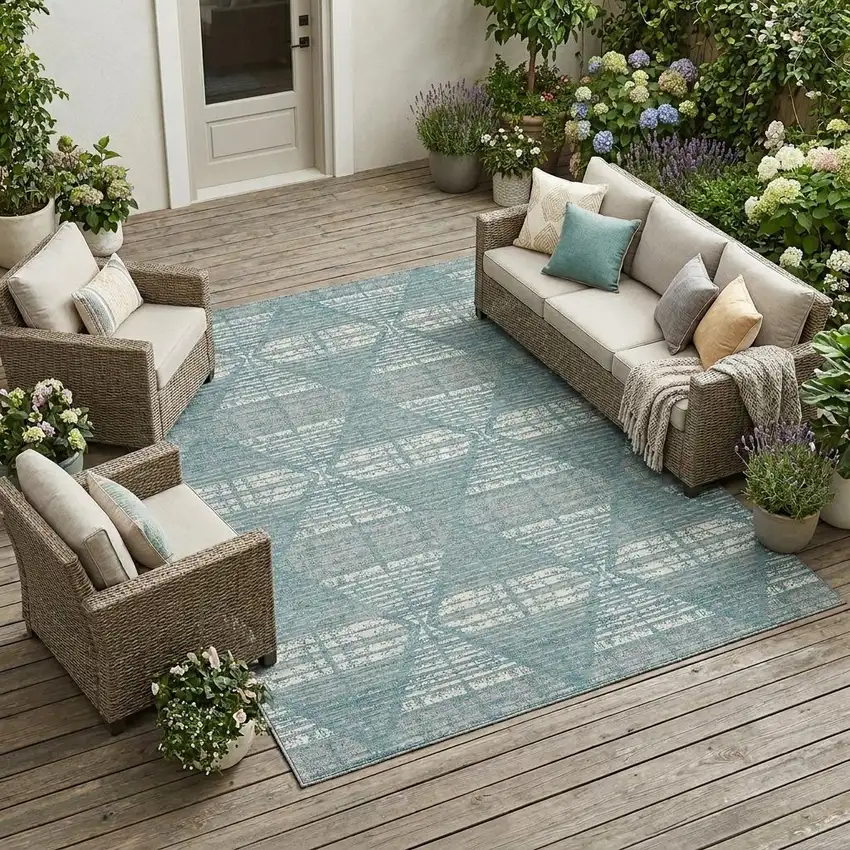 Teal Blue And Brown Geometric Washable Indoor Outdoor Area Rug Photo 1
