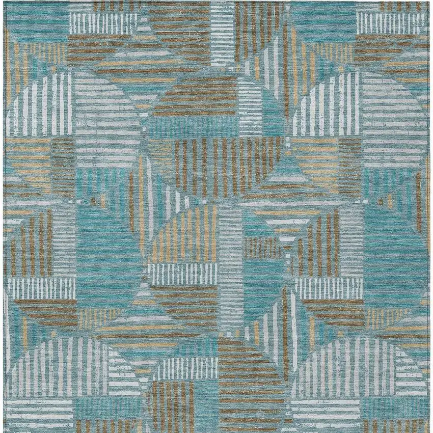 Teal Blue And Brown Geometric Washable Indoor Outdoor Area Rug Photo 4