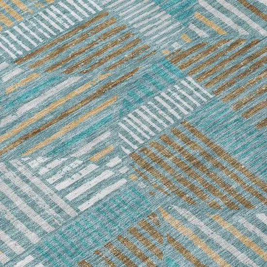 Teal Blue And Brown Geometric Washable Indoor Outdoor Area Rug Photo 6